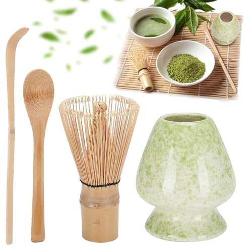 Tiusixsy Matcha Set, 4 Stück Matcha Besen Set, Matcha Tee Set mit MatchaBesen, Matcha Kamm, Matcha Teelöffel und Matcha Esslöffel, Bambusbesen, Japanisches Zubehör für Matcha Tee Matcha-Zeremonie
