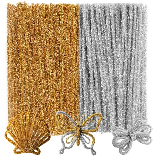 “Caydo 200 Stück glitzernde goldene und silberne Pfeifenreiniger, dicke, flauschige Chenille-Stiele, Pfeifenreiniger, Basteln für Kunst und Handwerk, perfekt für die Herstellung von Tieren, Blumen und