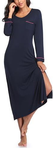 COLORFULLEAF Women's Long Nightdresses Soft Long Sleeve Nighties V Neck & Slit Hem Nightshirt Ladies Winter Nightgown with Pockets（Navy Blue,XL