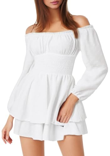 QIUhhpuy Robe Blanche Courte Robe Pirate Blanche pour Femmes avec Shorts IntéGréS en Dessous Manches Longues/Courtes éPaules DéNudéEs à Volants Coupe TrapèZe 2 en 1 Courte Style BohèMe D’éTé De Plage