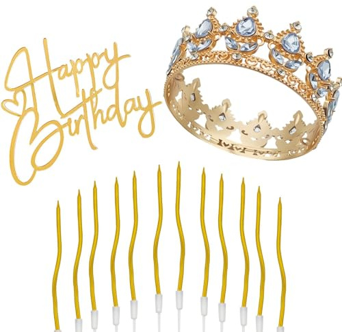 Decoración para Tartas con Corona,12 Velas de Cumpleaños Dorado en Espiral,Mini Corona con Estrás para Cumpleaños, Bodas,Aniversarios De Bodas,Decoración de Fiestas