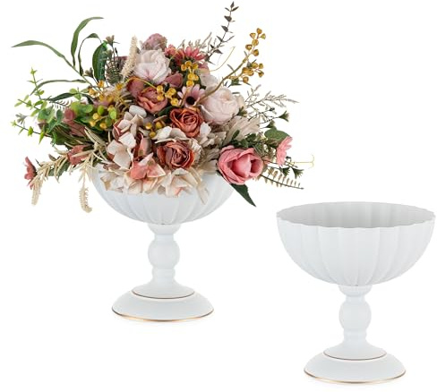 Sziqiqi Bianco Vaso per Centrotavola Matrimonio: Urna Vaso a Coppa in Metallo per Fiori da 20cm Set di 2 - Piccoli Vasi con Gamba per Centrotavola Feste di Compleanno Anniversari Tavoli da Pranzo