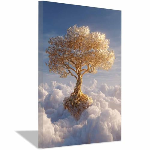 XENIOU Quadro albero della vita Albero della Nuvola d'Oro quadri tela, quadri moderni, per soggiorno, camera da letto e bagno decorazioni da parete.(Multicolore)-80x120cm Incorniciato