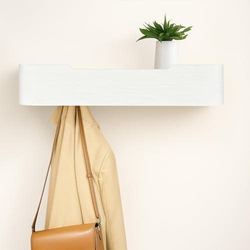 Generisch Wandgarderobe mit 5 Haken und Ablagebrett, Garderobenleiste aus Holz in Modernem Design, Stabile Wandgarderobe mit 30kg Tragkraft für Flur, Schlafzimmer und Wohnung (Weiß)