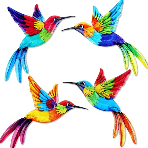 YIYA Set de 4 Piezas Decoración de Pared de Colibrí en Metal, Arte de Pared Rústico para Exterior e Interior, Adornos de Pájaros para Salón, Dormitorio, Terraza y Jardín