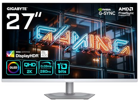 GIGABYTE MO27Q2A Ice Monitor Gaming OLED 27” 2K QHD - 2560 x 1440, 280Hz, 0.03ms, 250 CD/m², FreeSync Premium Pro, DisplayHDR True Black 400, HDMI 2.1, DisplayPort 1.4