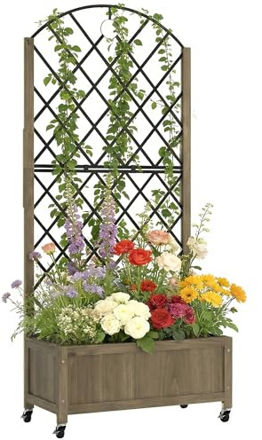 Outsunny Raised Garden Bed with Metal Trellis, Wooden Elevated Planter Box with Lockable Wheels, Outdoor Raised Planter for Climbing Plants, Fruits, Vegetables, Flowers, Carbonised