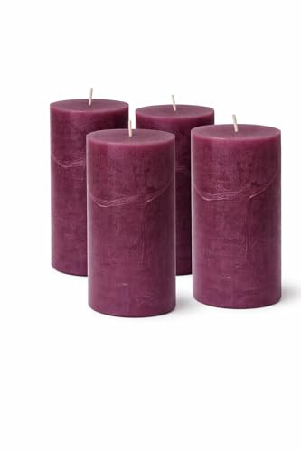 4er Set Stumpenkerzen Rustic 140x70mm | Selbstverlöschend (Safe Candle) | Durchgefärbt & RAL-zertifiziert | 69h Brenndauer | Große Dekokerzen für Laternen & Deko | Made in Germany (Aubergine)