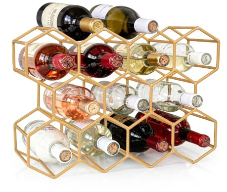 Crystals 14 Bottle Wine Rack Holder – Modern Metal Wire Storage Stand, Countertop Tabletop Freestanding Wine Bottle Organiser for Kitchen, Dining Room, Bar & Home Décor (Gold)