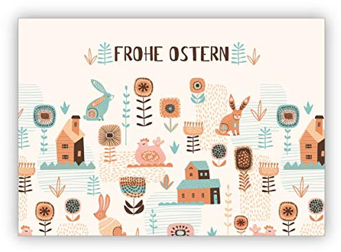 Kartenkaufrausch Im 5er Set: Lustige Retro Osterkarte mit folklore Osterhasen und Eiern: frohe Ostern - Grußkarte zum Osterfest für Familie, Freunde & Kunden