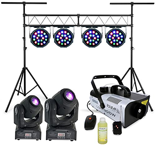Ibiza light - Machine à Fumée LSM900W - Portique Dj support Lumière de 3 M très robuste - 2 Lyres SPOT7 Dmx avec Gobos - 4 Projecteurs à LED Dmx 18x- 1 SMOKE 1 L offert - PA DJ JEUX DE LUMIERE SOIREE