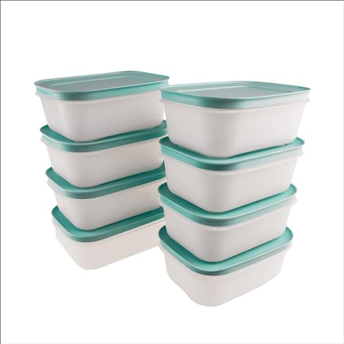 TUPPERWARE Contenitore per congelatore, 8 x 450 ml, cristallo di ghiaccio petrolio + mini imbuto viola