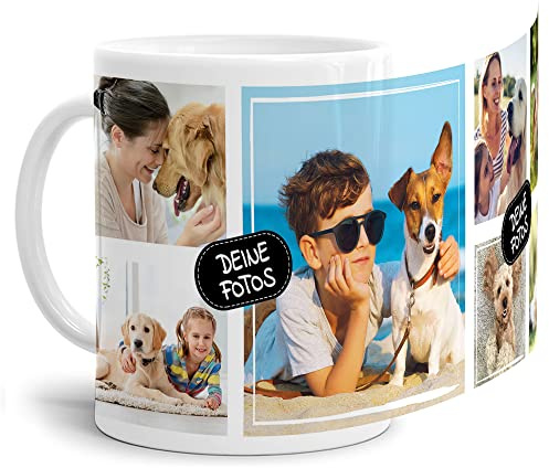 Foto-Tasse zum selbst gestalten mit Foto-Collage für 7 Wunschfotos - Geschenk für Familie, Freunde, Geburtstag, Weihnachten - Keramik Weiß, 300 ml I Personalisiert