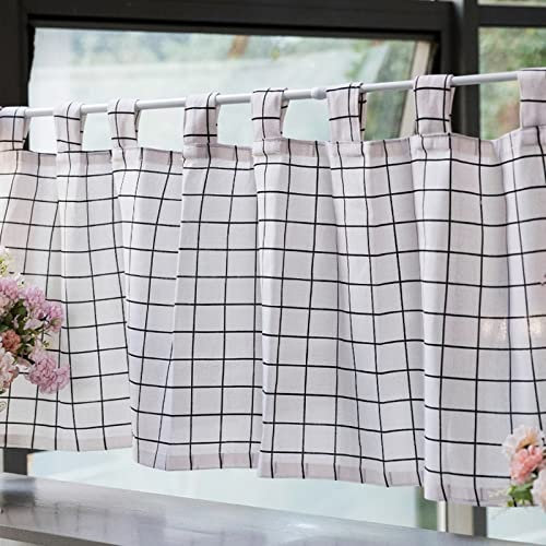 A.Monamour Gardine Scheibengardinen Kurzstores Baumwolle Leinen Schwarz Weiß Kariert Blickdichtes Tab Top Kurzvorhang Kurzgardinen Küchengardine Küche Vorhang Fenster Kurz Stores Bistrogardine