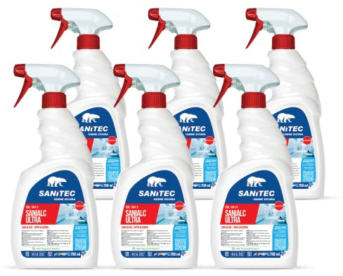 Sanitec, Sanialc Ultra, Detergente ad Alta Concentrazione con Elevato Contenuto di Alcool, Ideale per Tutte le Superfici di Frequente Contatto per una Igiene Profonda, Made in Italy, 6 Flaconi 750 ml