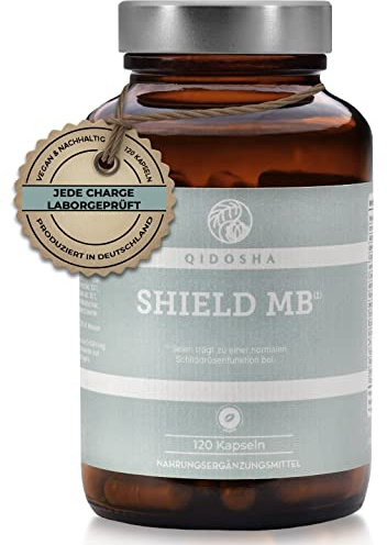 QIDOSHA® SHIELD MB Schilddrüsen Komplex² ohne Jod, 120 Kapseln/Glas, natürliche Schilddrüse Kapseln mit Vitaminen, Spurenelementen, Vitalpilzen, Antioxidantien & Bitterstoffen, vegan, laborgeprueft