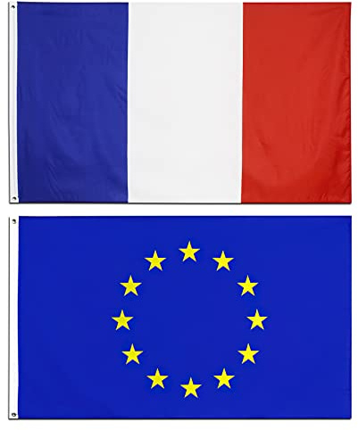 Drapeau Français + Européen 90x150cm, Drapeaux Francais + UE avec œillets en laiton Couleurs Vives Couleurs Vives Parfait pour événements sportifs, historiques ou politique