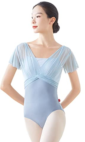 Phoeswan Ballet Leotards for Women, Dance Leotard Mesh with Ruffled Sleeves, V Backless Adult Leotard Bodysuit with Adjustable Straps, Light Grey Size XX-Large