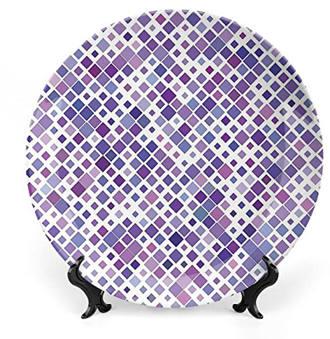 XISUNYA 6 Inch Decorative Plate, Lavender Ceramic Stoneware, Purple Retro Mosaic Creative Pattern Print Ceramic Display Plate for Decorative Ornaments Giving Plates, 1 Plate with 1 Display Stand