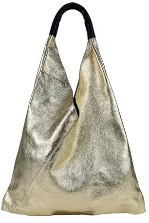 FrasiBags Schultertasche aus echtem Leder, Umhängetasche aus Leder, Damen Ledertasche, Damentasche hergestellt in Italien, Gold, 46x62x12