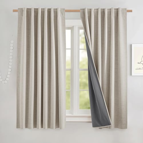 NICETOWN Natural Linen 100% Blackout Short Curtains 48 inches, Thermal Insulated & Noise Reducing Window Draperies with Grey Liner, Short Drapes for Cafe Bar (52 W by 48 L, 2 Panels)