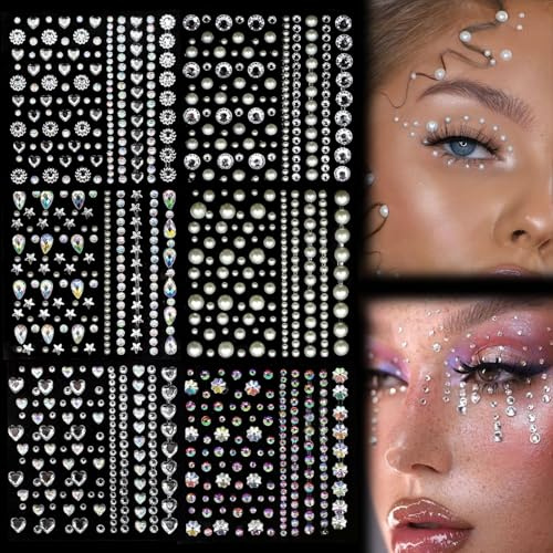 HDKAJL 900 Stück Glitzersteine Gesicht, Glitzersteine Selbstklebend Gesicht Glitzer Steine für Festival Karneval Make Up & DIY Dekoration