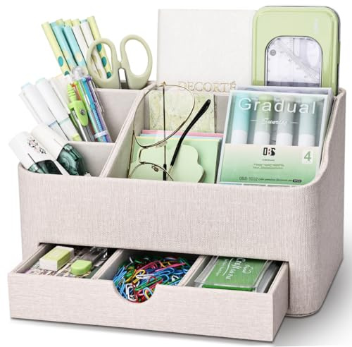 KINGFOM Desk Tidy Organiser mit 5 Grids and Drawer, PU Leather Desk Organiser Office Desktop Stationary Organiser Holder Large Capacity Pen Pot Pen Holder for Desk Accessories (‎Beige)