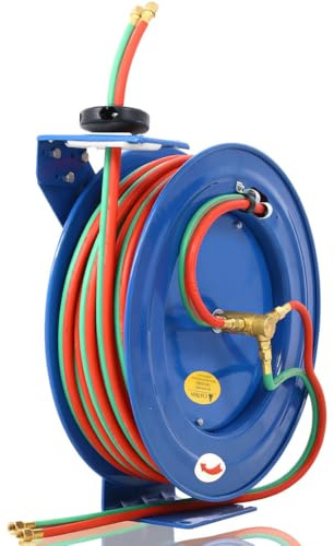 Welding Hose Reel Retractable 1/4 Inch x 100 Foot Twin Oxygen Acetylene Rubber Hoses STD Duty Max 200PSI Heavy Duty Industrial Single Arm Construction