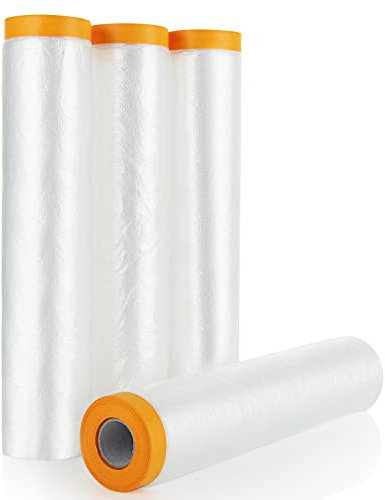 MUXHEL 4 Rollen 240cm x 20m Abdeckfolie mit Klebeband, Transparent Malerfolie mit Gewebeklebeband, Plastikstaubfolien mit Folie für Malerarbeiten Möbelabdeckungen