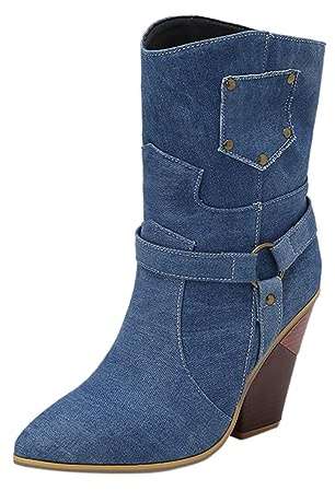 Stivali Donna Pelle Stivali Donna Alti Fino al Ginocchio di Jeans Stivaletto Donna Basso Stivali Texani Donna di Jeans Stivali Alti Donna Stivali Alti con Tacco Basso Stivali
