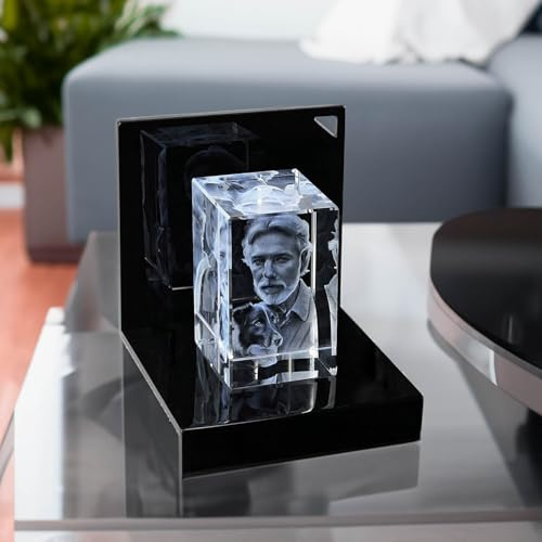 contento 3D Fotokristall mit Premium Leuchtsockel | Dein Foto in Kristallglas | Bild mit 3 Personen/Tiere | Personalisertes und persönliches Glasfoto in 3D | Größe M hoch