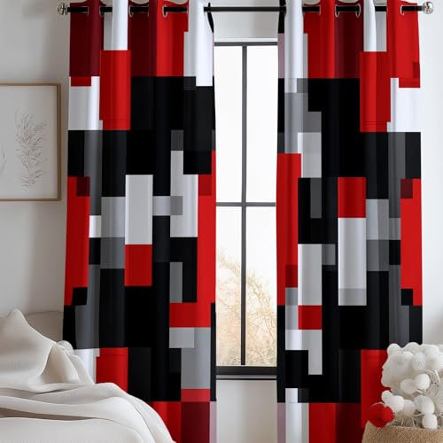 Vorhänge Blickdicht Abstrakt Geometrische Quadrate, Verdunkelungsvorhänge H 215 x B 91.5 cm (2er Pack) Dekor für Wohnzimmer Kinderzimmer Schlafzimmer, Vorhänge Kälteschutz Rot Schwarz mit ösen