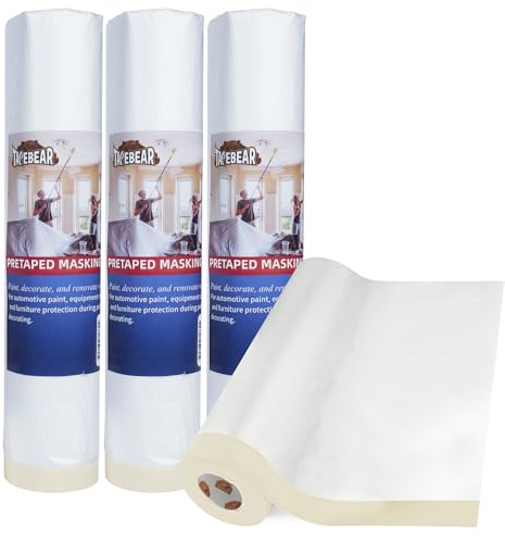 TAPEBEAR Abdeckfolie mit Randklebeband (2600mm x 27m, 4 Rollen) – Stärkere Malerfolie zum Schutz von Böden, Möbeln & Geräten | Selbstklebende Kunststoffabdeckung für Lackierarbeiten