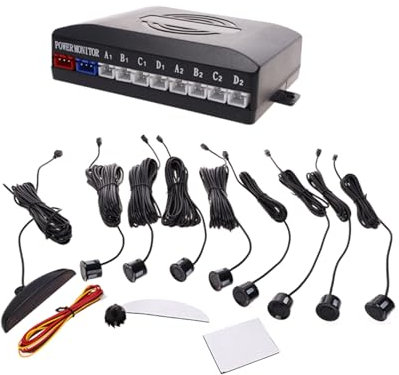 Kit 8 Sensori di Parcheggio Auto, Display LED e Cicalino Acustico, Per Anteriore e Posteriore, Sensori da 21mm