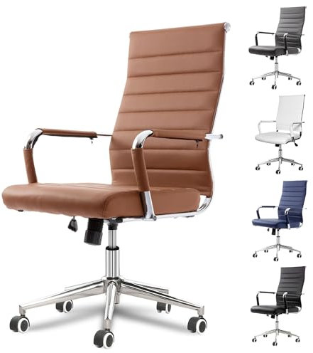UEV Bürostuhl 150 kg belastbar mit Wippfunktion Ergonomisch Schreibtischstuhl mit Armlehne Drehstuhl Office Chair S-förmige Lendenwirbelstütze gepolsterter Sitz höhenverstellbar aus Kunstleder, braun