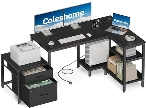 Coleshome Escritorio de Esquina para Computadora de con Cajones de Tela, 140x80 cm Escritorio en Forma de L para Oficina con Toma de Corriente, Mesa de Estudio Reversible, Negro