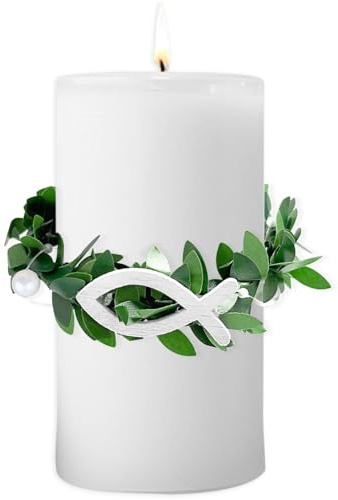 Tropfschutz Kommunionkerze, Tropfschutz Kerzenkranz 4cm-9cm, Tropfenfänger Kerzenkranz mit Weiß Taufe Fisch Deko Kerzenrock für Hochzeit, Kommunion (1 Stück)