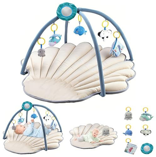 CIGAA Spielbogen Baby, Ozean Muschel Thema Spieldecke Baby, Baby Gym mit 6 abnehmbare Aktivität Spielzeug, frühe sensorische Entwicklung Baby Play Mat für Kleinkind & Neugeborene