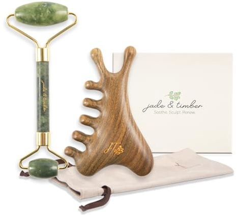 jade & timber Jade Roller & Green Sandalwood Gua Sha Set – Facial & Body Massage Tools for Lymphatic Drainage & Sculpting - Self Care Gift