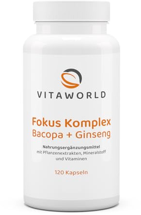 vitaworld Fokus Komplex – 120 vegane Kapseln mit Bacopa Monnieri, Ginseng, Ginkgo - Magnesium, Folsäure & Vitamin B12 unterstützen Konzentration, Energie & mentale Balance