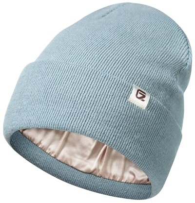 GADIEMKENSD Stickad satinfodrad mössa, ullblandning, värme, antistatisk, anti-plysch, skonsam hårvård, unisex, Himmelsblå, 54/59 cm