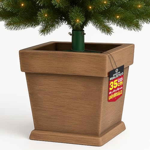 BAKAJI Base Albero di Natale Vaso in Resina con Effetto Legno Realistico e Venature, Supporto Natalizio con Rifiniture e Attacco Universale, Decorazione Addobbo Natalizi 30 x 30 x 35 cm (Marrone)
