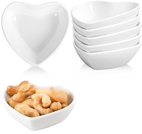 NUWIQ Heart Shaped Ceramic Sauce Dish, 6 Pcs Dip Bowls, Mini Bowl Set, Mini Side Seasoning Dish, Condiment Dishes for Soy Sauce Dishes, Condiments, Sushi, Spices, Serving Dishes
