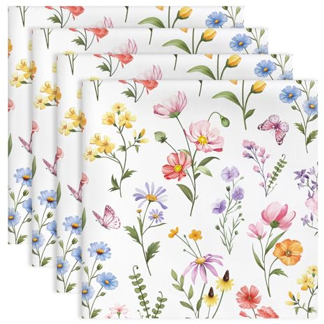 Arquiel Fiori Farfalle Tovaglioli Set di 4, Cotone Riutilizzabili Morbido Tovaglioli Stoffa da Tavola Perfetto per Feste, Cucina, Ristoranti, Primavera Estate Decorare Regalo(45×45cm)