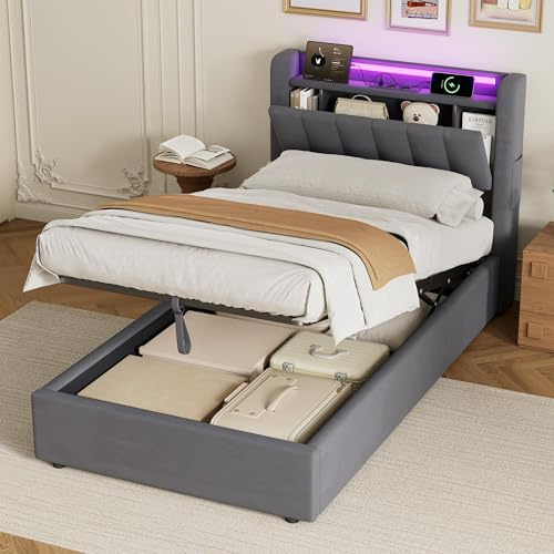 okwish Bett, Bettgestell, Einzelbett, Jugendbett, 90x200 cm, LED-Beleuchtung, Ladestation, Bettkasten, 2 Seitentaschen, Kopfteil mit verstecktem Stauraum, Metall, Holz, Samt, Grau, ohne Matratze