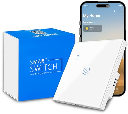 HomeKit Wifi Smart Light Switch,Neutral Wire Required,App-Based 2-Way Control Only,Works with Apple Home,Alexa & Google Home,Touch Glass Panel,No Hub Required,1Gang White
