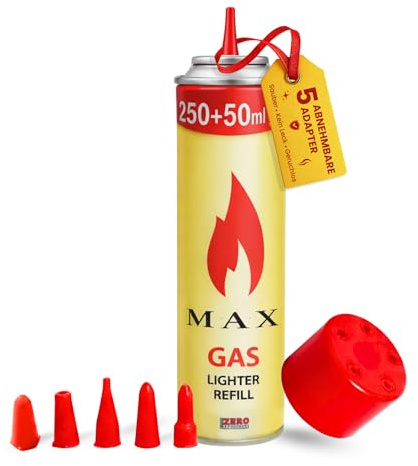 SomosTrade Feuerzeuggas 300 ml Nachfüllgas für Alle Feuerzeuge, Flambierbrenner und Stabfeuerzeuge – Premium Butan Gas mit 5 Adaptern für einfaches Nachfüllen und sichere Nutzung