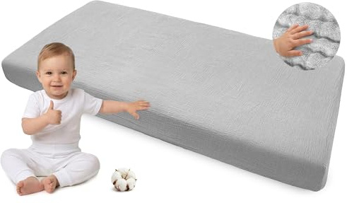 Medi Partners Dra-på-lakan Muslin 60x120 Babysänglakan Spjälsäng Dra-på-lakan 100% bomull - Muslinlakan Sängkläder Babymadrass Sovsäck Spjälsäng (Grå)
