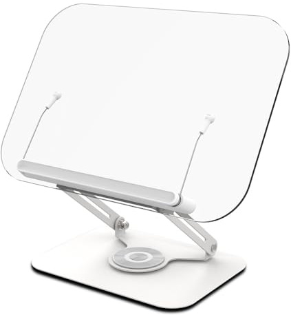 Aumotop Justerbart 360° Roterande Bokställ med Klar Akrylpanel för Läsning och studier. Vikbar och Bärbar Kokbokshållare för Kök Kontor Kolstål/röd