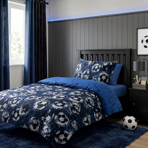 Adore Home Single Duvet Cover Set Blue Football Kids Bedding & Pillowcase | Soft Easy Care Microfibre Bed Linen With Colourful Designs For Children's Bedrooms
